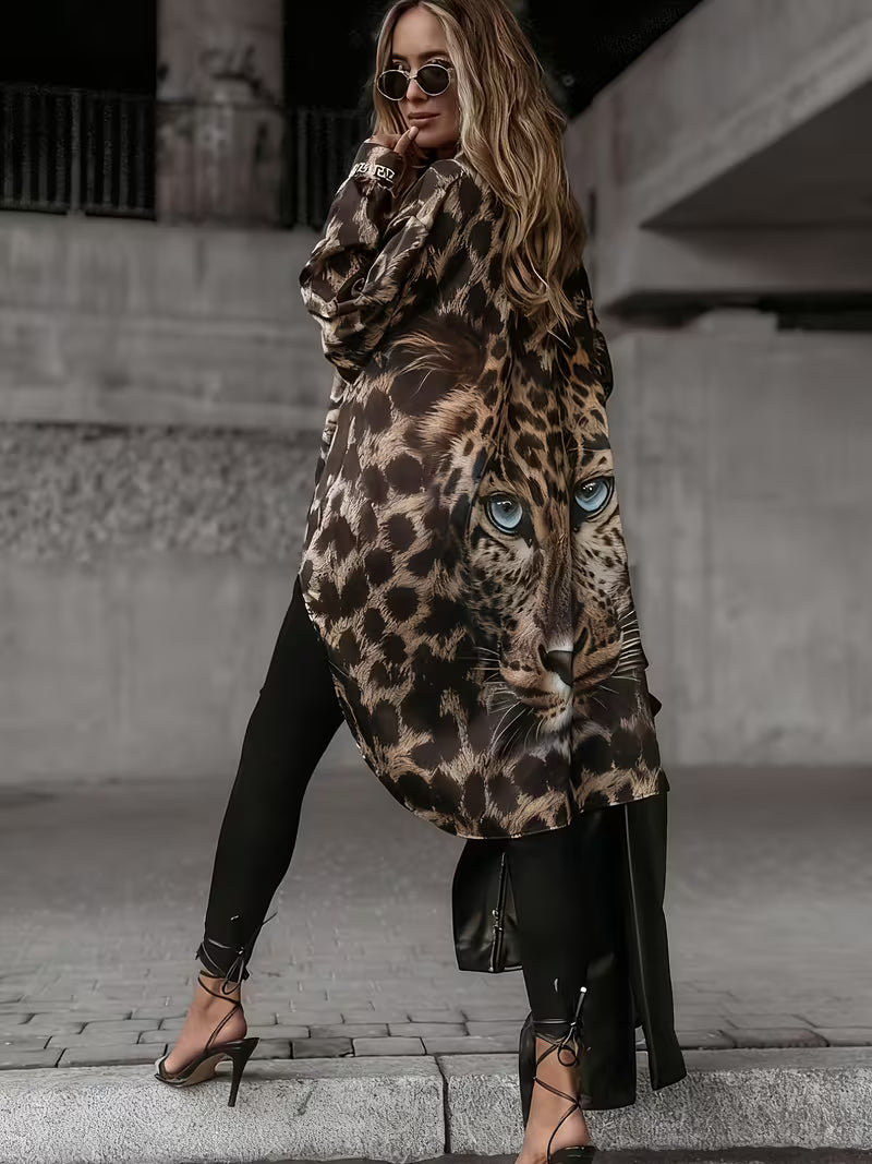 Chemise grande taille à imprimé léopard Wild Charm, blouse mi-longue à imprimé tête de léopard aux yeux bleus, c