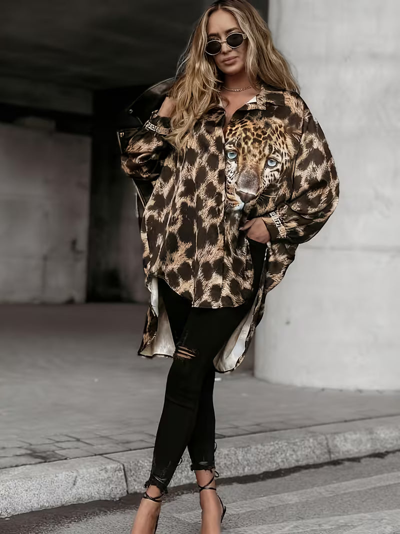 Chemise grande taille à imprimé léopard Wild Charm, blouse mi-longue à imprimé tête de léopard aux yeux bleus, c