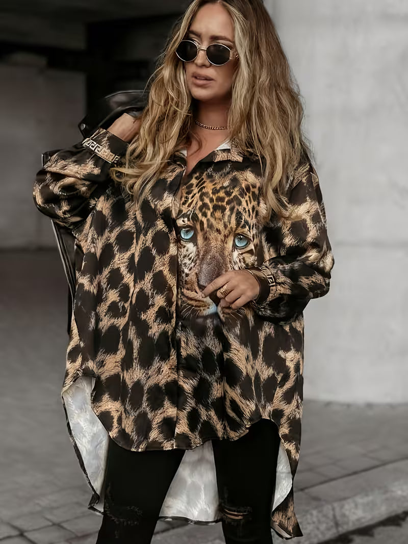 Chemise grande taille à imprimé léopard Wild Charm, blouse mi-longue à imprimé tête de léopard aux yeux bleus, c