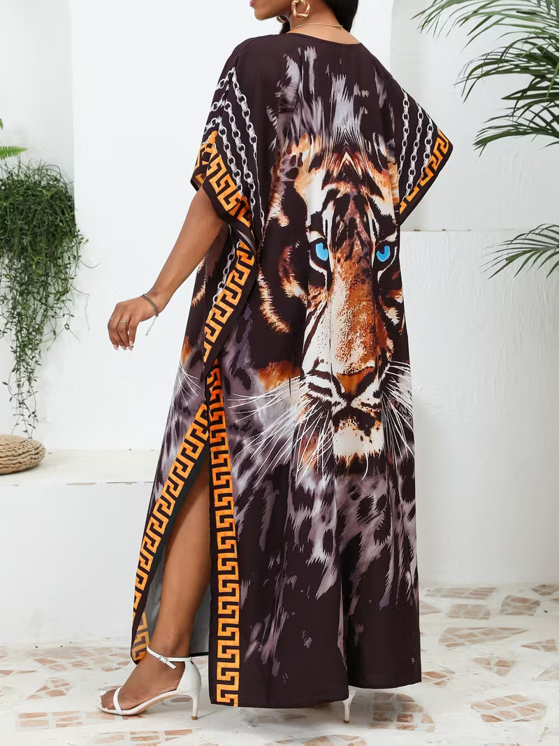 Robe longue ample imprimée à col en V pour femmes rondes, manches courtes et fente, robe de vacances bohème