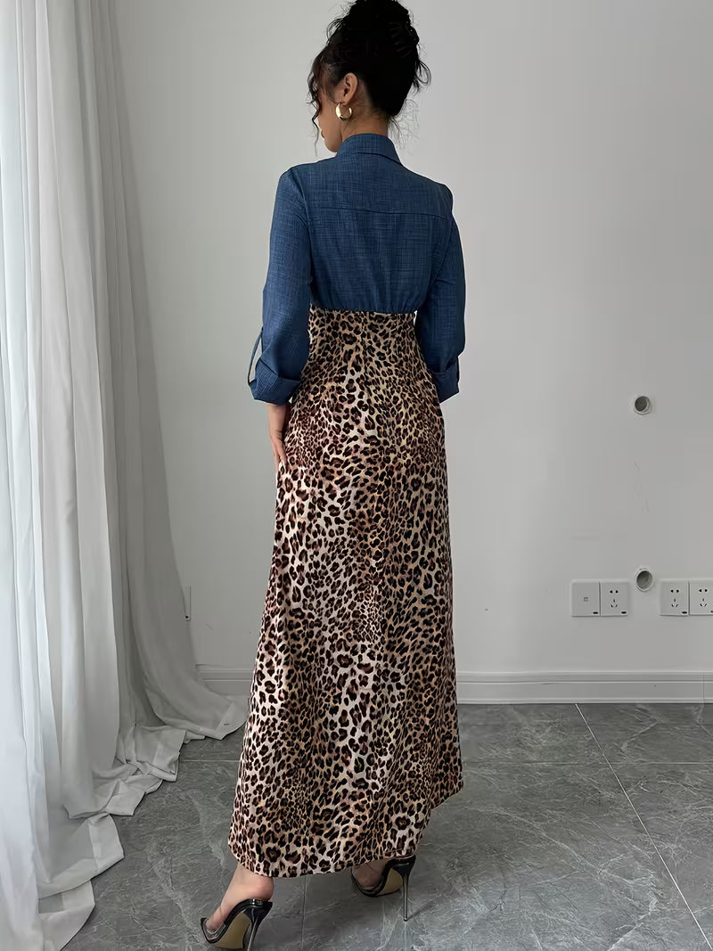 Élégante robe à manches longues un imprimé léopard et des couleurs contrastées pour l'automne