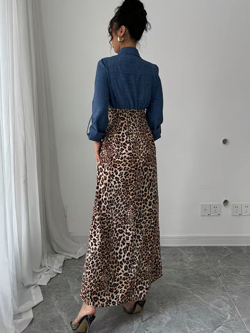 Élégante robe à manches longues un imprimé léopard et des couleurs contrastées pour l'automne