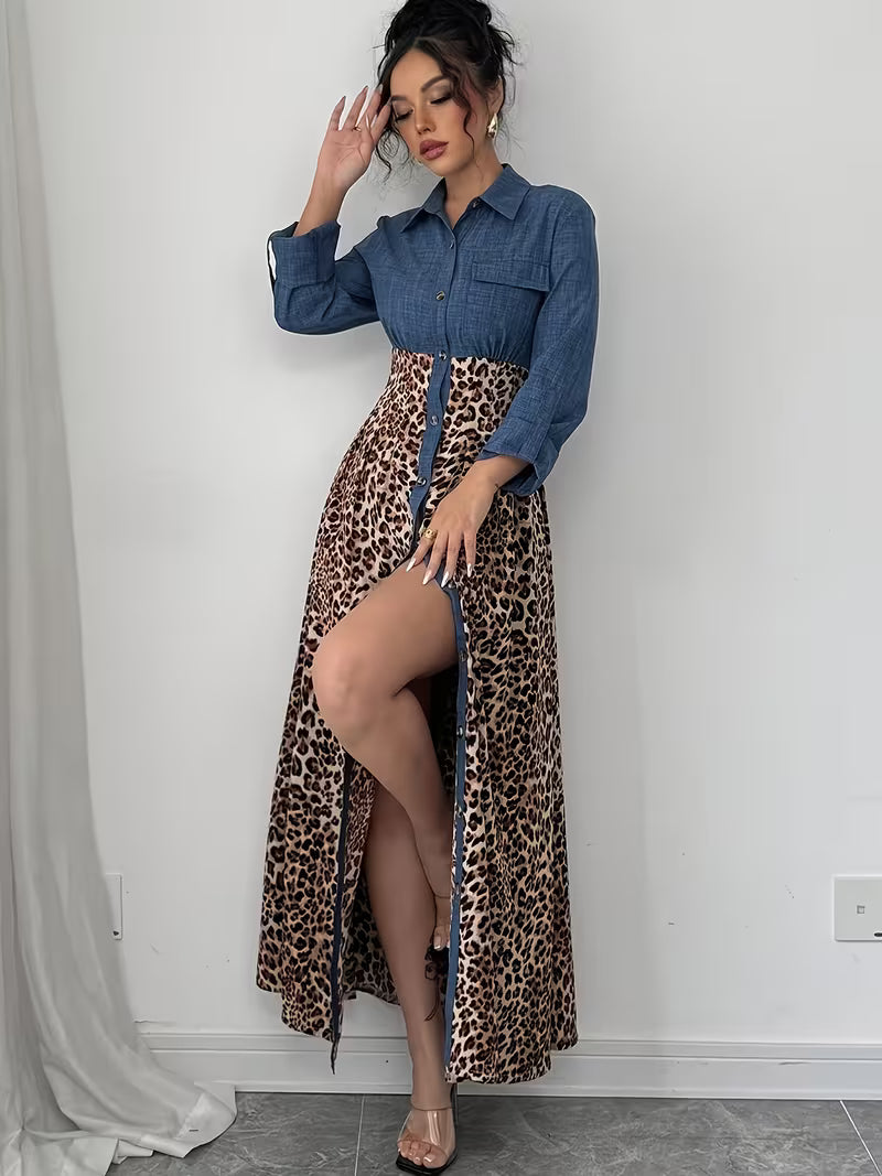 Élégante robe à manches longues un imprimé léopard et des couleurs contrastées pour l'automne