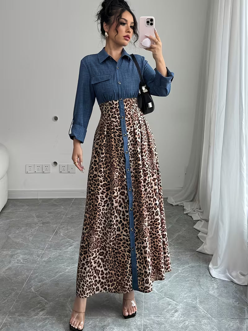 Élégante robe à manches longues un imprimé léopard et des couleurs contrastées pour l'automne